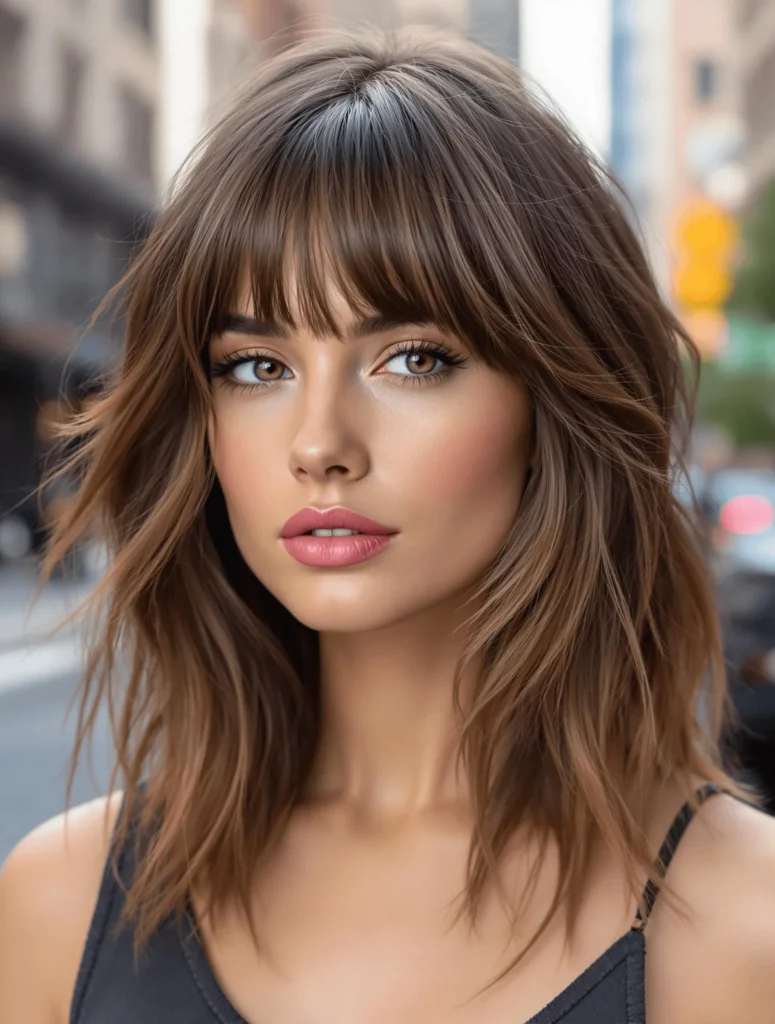 Long hair with bangs styled to frame the face, presenting a contemporary look.