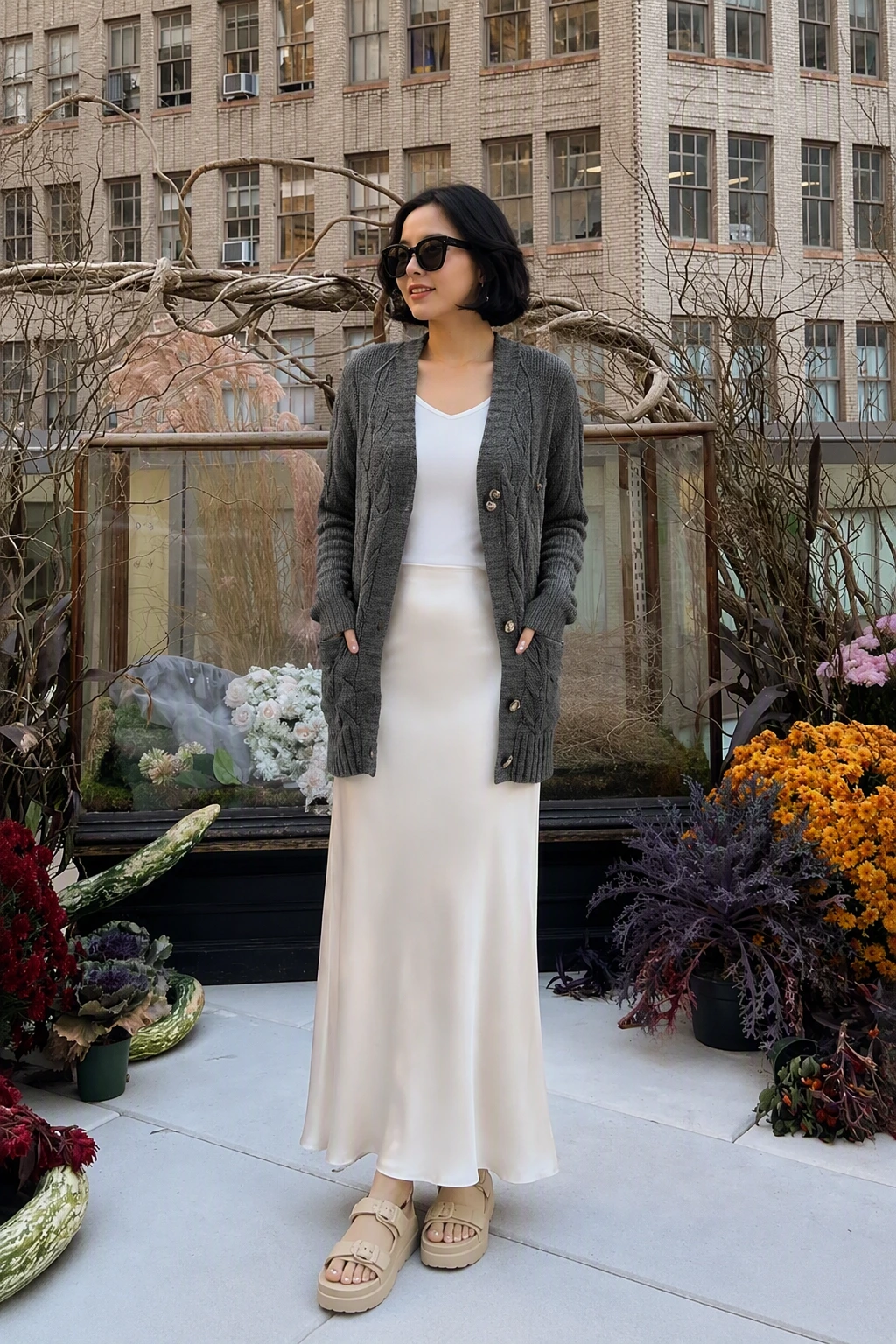 Satin slip skirt with thrifted chunky cardigan