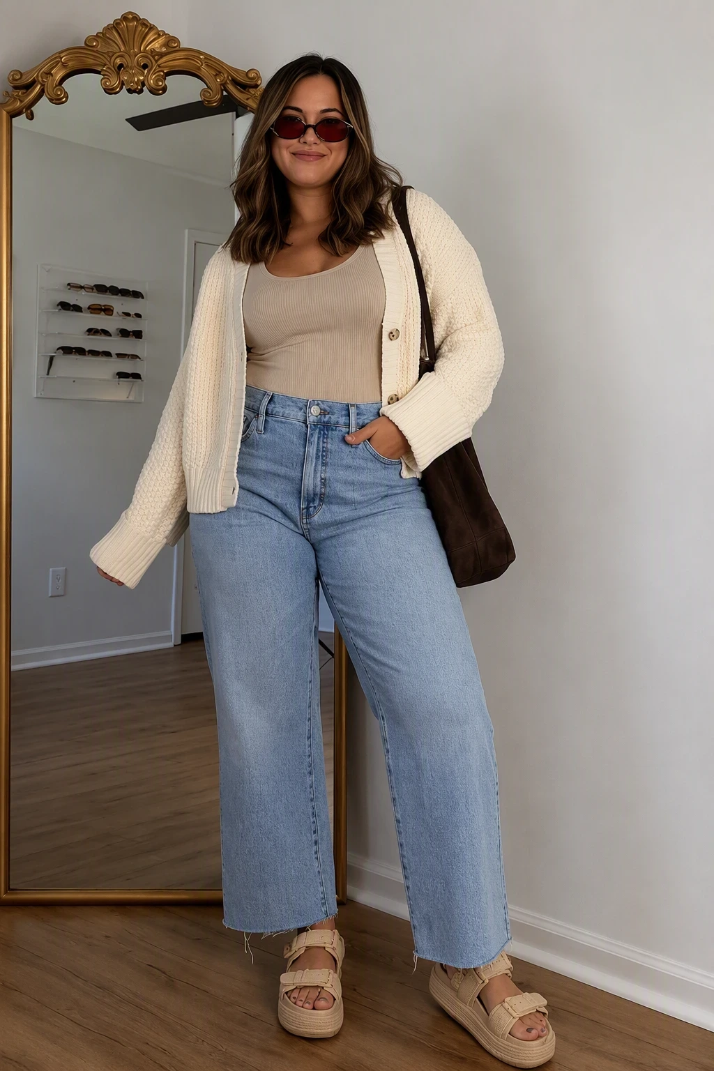 Cream cardigan, ribbed tank and straight-leg jeans fall outfit